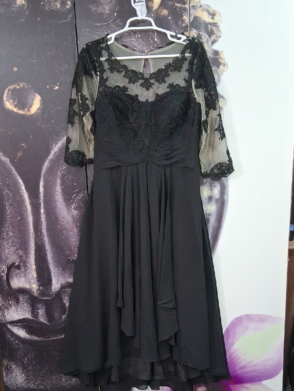 JJs House Black Evening Dress Lined with Sheer Bodice And Sleeves Size 14